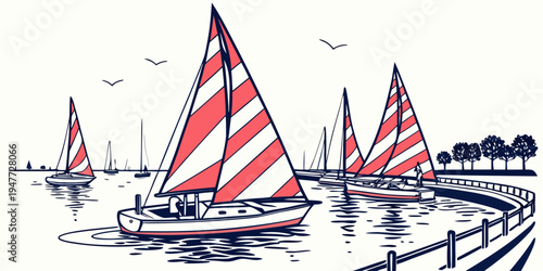 Sailboats on the water with red and white sails Vector