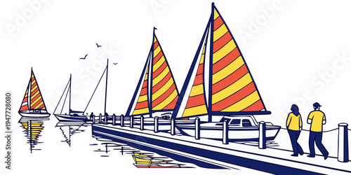 People standing on a dock with colorful sailboats Vector