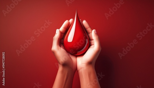 hands holding red blood drop on red background blood donation