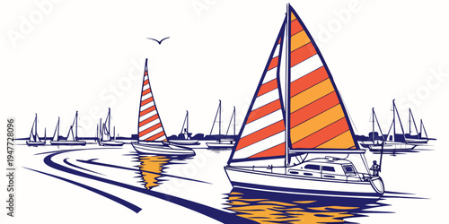 A sailboat with an orange and white striped sail on the water Vector