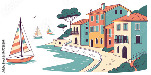 A colorful sailboat sailing by a waterfront town Vector