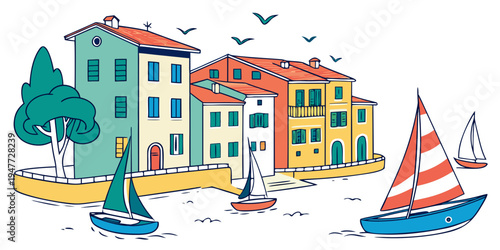 A colorful illustration of a seaside town with boats Vector