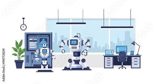 Two advanced robots in a modern office setting.