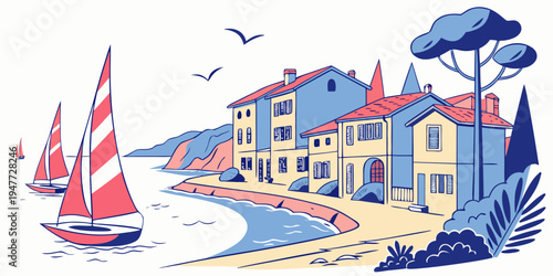 A colorful illustration of a beachside town with sailboats Vector