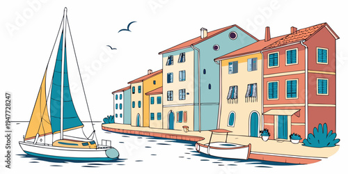 A colorful sailboat in front of a row of buildings Vector