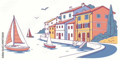 A colorful illustration of a sailboat by buildings Vector