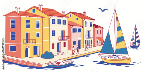 A colorful illustration of a sailboat in a canal Vector