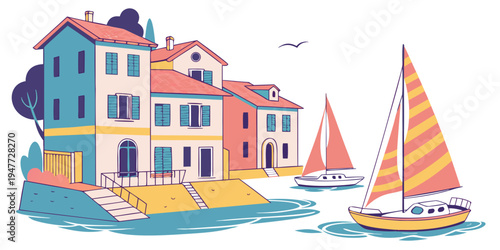 A colorful illustration of a sailboat near a waterfront town Vector