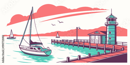 A serene lighthouse by the sea with a sailboat Vector