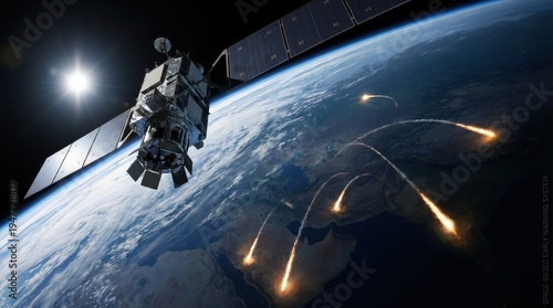 A satellite in orbit above Earth with multiple missiles descending towards the surface, suggesting global conflict or defense.