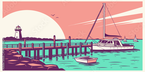 A boat is docked at a pier near the shore Vector