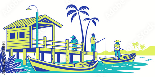 A house on stilts with a boat in front Vector