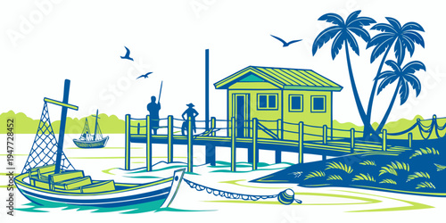 A small house on a pier by the water Vector