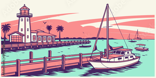 A small sailboat floats near a lighthouse dock Vector