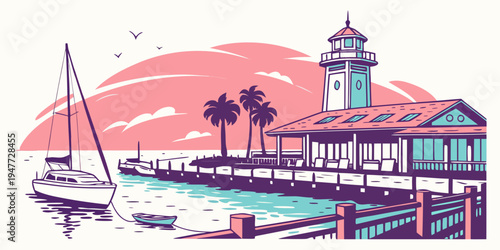 A lighthouse next to a dock with a sailboat Vector