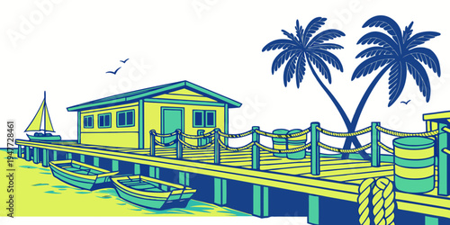 A small house on a pier with palm trees Vector