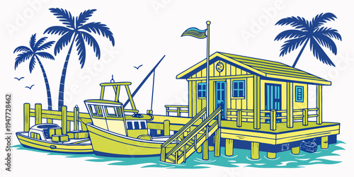 A yellow house on stilts with a boat next to it Vector