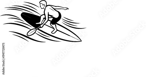 Person paddling on a surfboard in stylized water