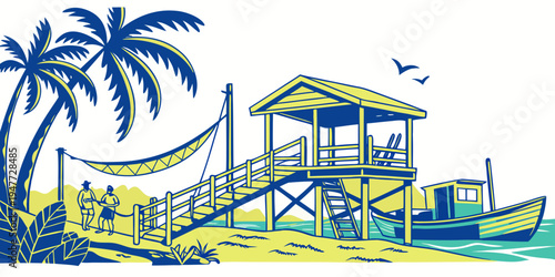 Beach hut with palm tree and boat Vector