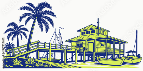 A large house with a porch and palm trees Vector