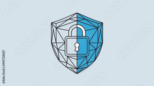 A geometric shield with a padlock represents cybersecurity and protection against threats in a modern digital world.