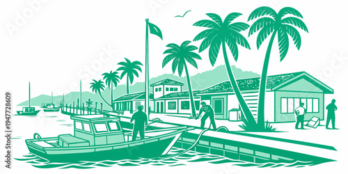 A green illustration of a tropical coastal town with a boat and palm trees Vector