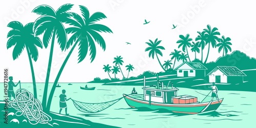 A small boat floats on the water near a tropical shore Vector
