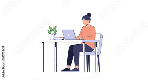 Woman working on laptop at desk with plant.
