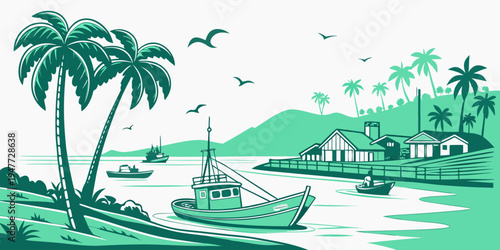 A green and white image of a boat on a river Vector