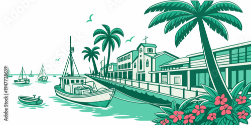 A tropical coastal scene with palm trees and boats Vector