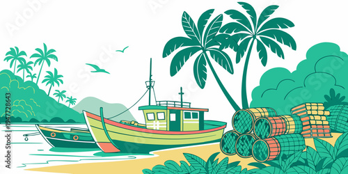 A colorful boat sitting on a beach next to palm trees Vector