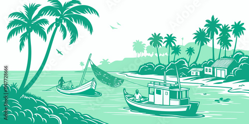 A boat sailing near a tropical island with palm trees Vector