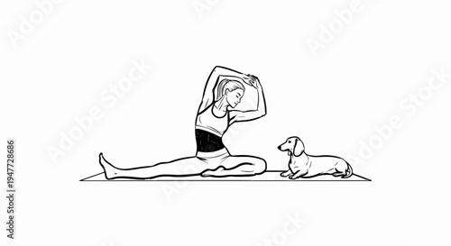 Person performing yoga split stretch with a dog looking on