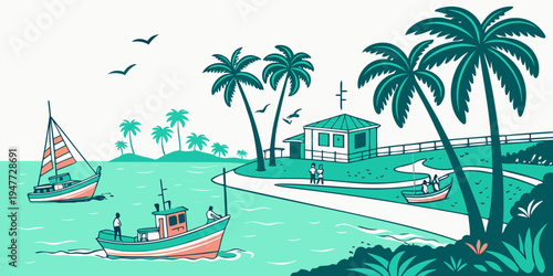 A serene tropical scene with boats and palm trees Vector