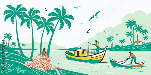 A boat is sailing near a tropical shore with palm trees Vector