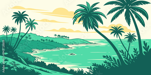 A tropical island with palm trees and a beach Vector