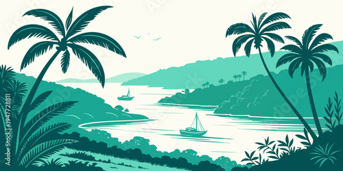 A serene tropical landscape with palm trees and a body of water Vector