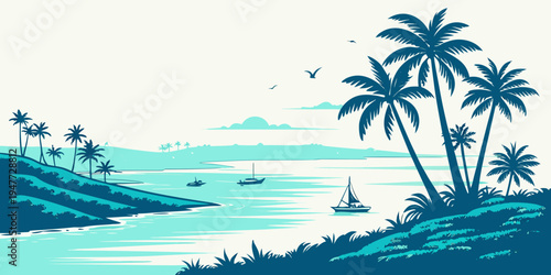 A tropical island with palm trees and a body of water Vector