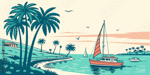 A sailboat floats on the water near a tropical island Vector