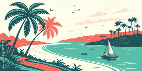 A serene tropical beach scene with palm trees and a sailboat Vector
