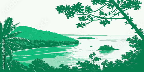 A green landscape with a body of water and trees Vector