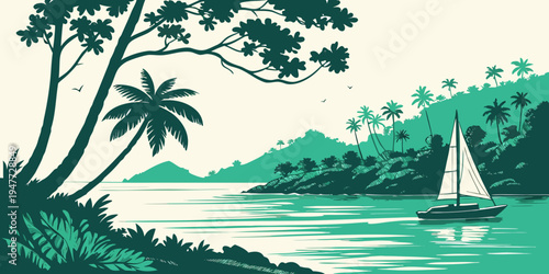A sailboat on a tropical island with palm trees Vector