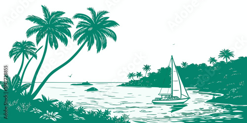 A green illustration of a tropical island with palm trees and a sailboat Vector