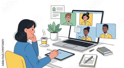 Woman working remotely on laptop and tablet.