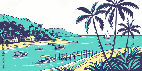 A tropical island with palm trees and boats Vector