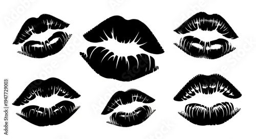 Black Lipstick Kiss Marks Collection Isolated on White Background.