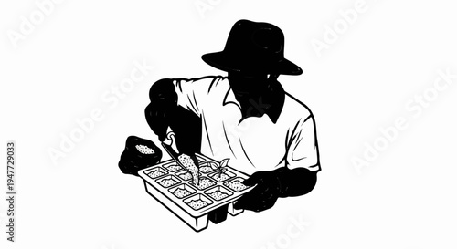 Person planting seedlings in tray, wearing hat and gloves