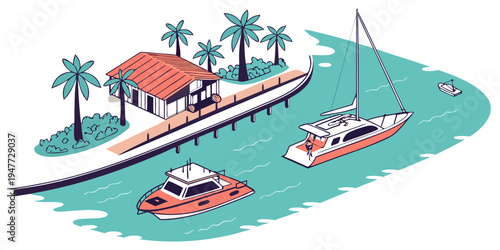 A pixel art illustration of a tropical island with a dock and boats Vector