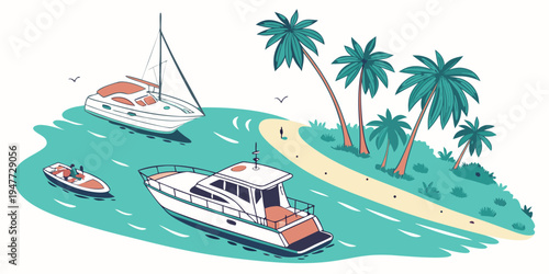 Boats near a tropical island with palm trees Vector