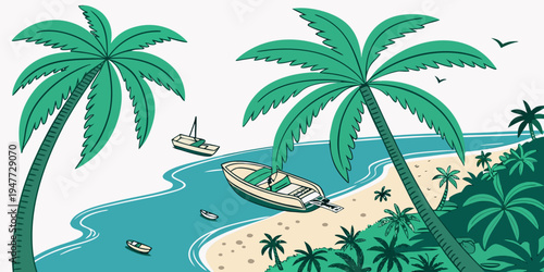 A tropical beach with palm trees and a boat Vector